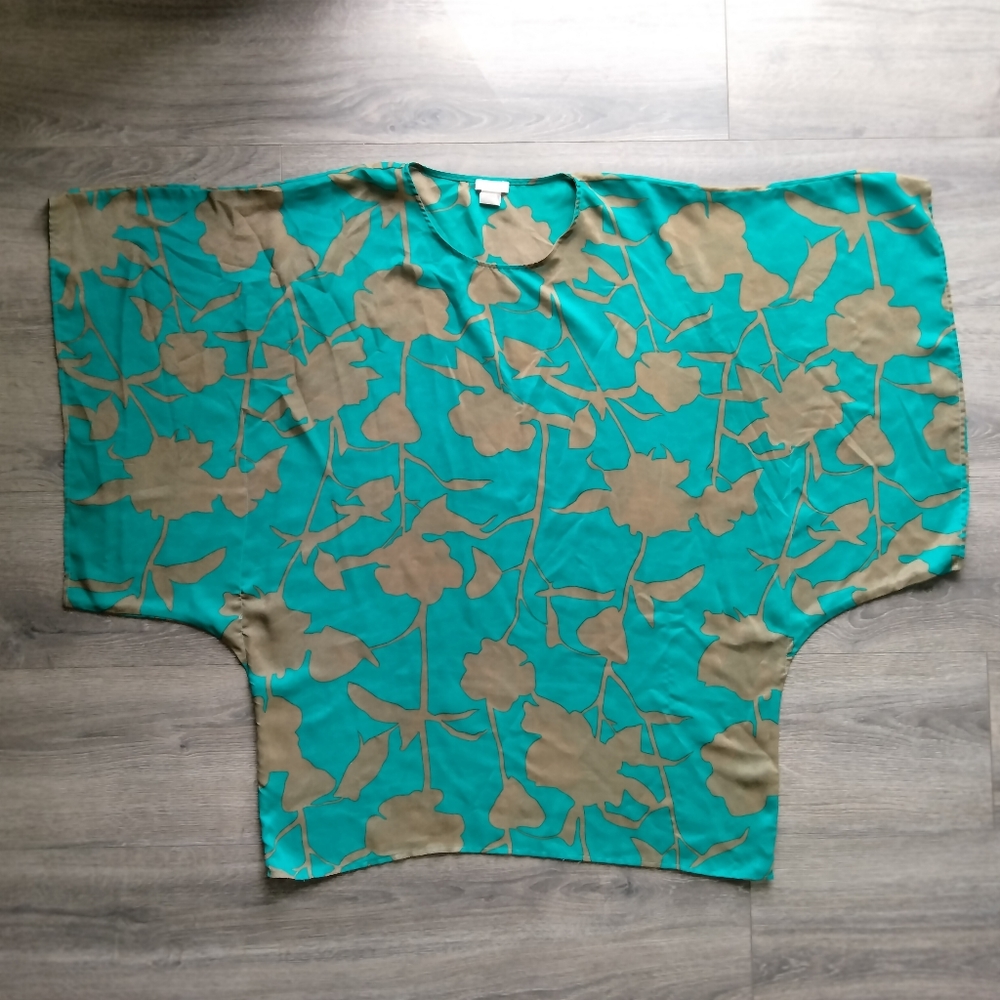 Rubber Ducky Productions Teal and Brown Leaf Sheer Tunic Size S Kimono Sleeve